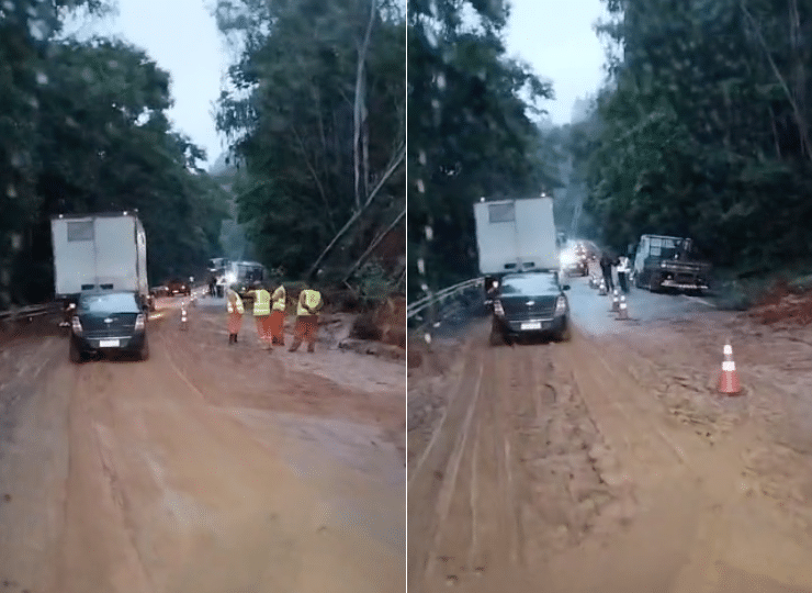 Deslizamento trânsito flui em pare e siga em Domingos Martins ES360