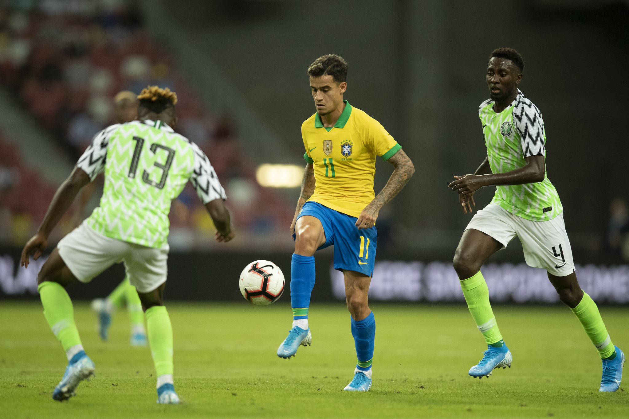 Aos 40 minutos do segundo tempo, Philippe Coutinho (foto) teve a chance de virar a partida mas viu a zaga nigeriana impedir o gol. Foto: Lucas Figueiredo/CBF