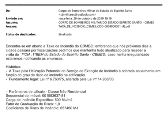 Falso e-mail de cobrança de taxa enviado no Espírito Santo. Foto: Reprodução