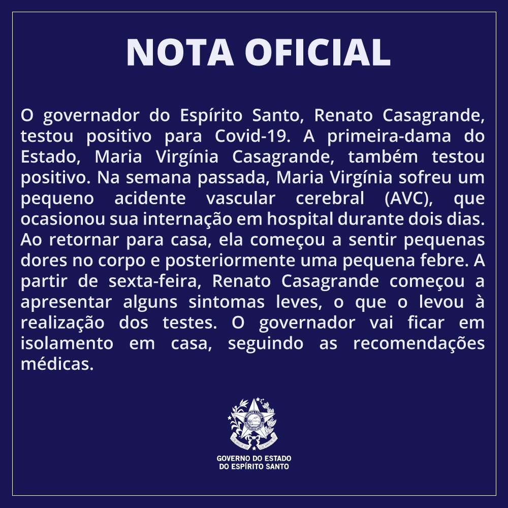 Renato Casagrande testa positivo para covid-19. Foto: Divulgação/Governo do ES