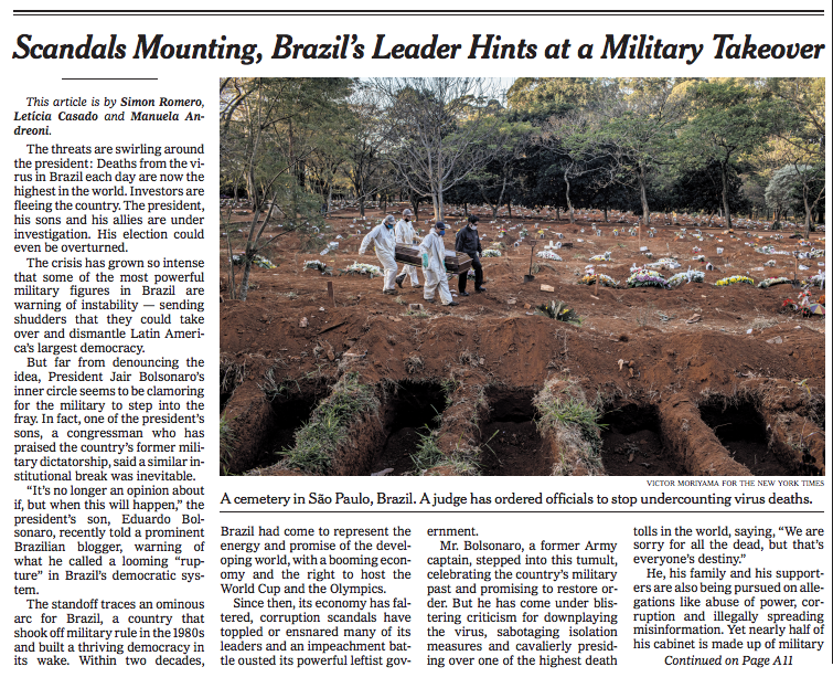 Reportagem de capa do New York Times fala em 'ameaça à democracia' no Brasil Foto Reprodução:NYT