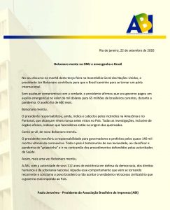 ABI diz que Bolsonaro mentiu em discurso na ONU