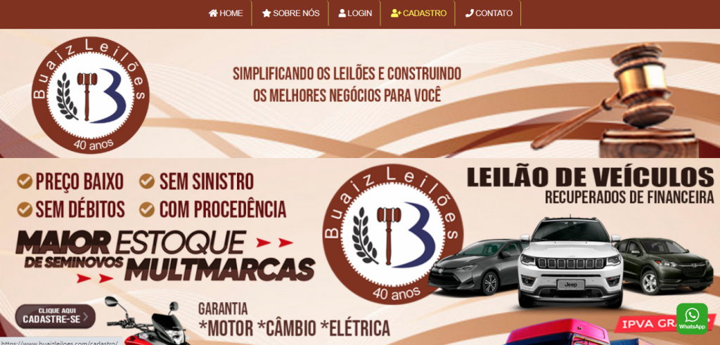 Site com informações clonadas do Buaiz Leilões. Foto: Reprodução
