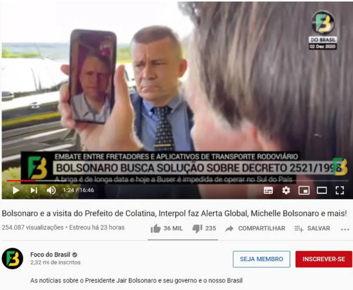 Vídeo do canal Foco do Brasil mostra o presidente Jair Bolsonaro conversando com o ministro Tarcísio Gomes de Freitas sobre aplicativos de transporte rodoviário. Foto: Reprodução/YouTube