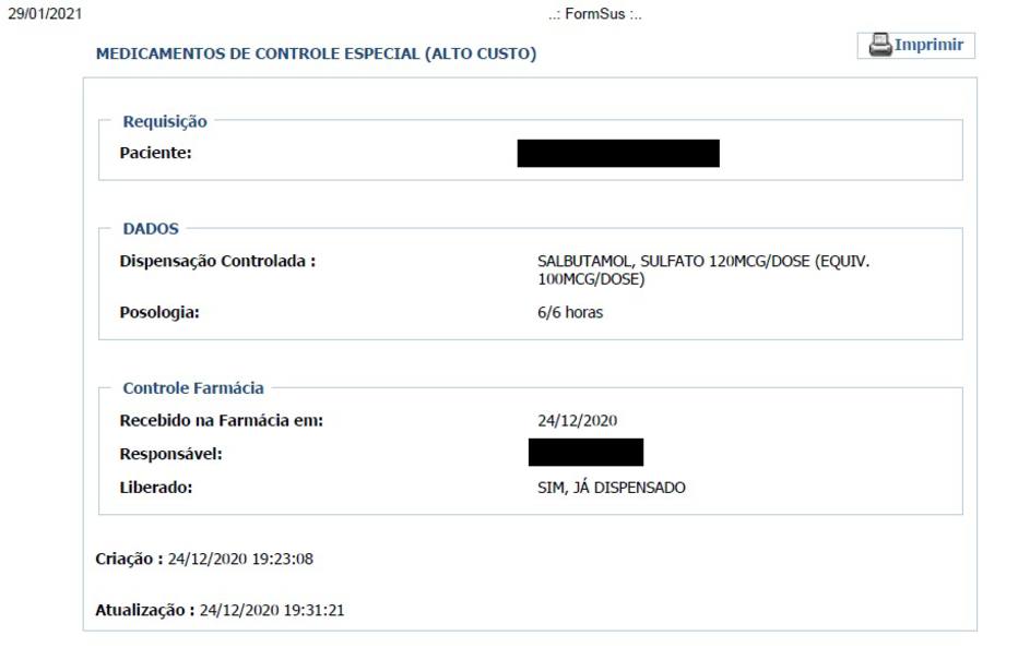 Ficha de um paciente no FormSUS. (Foto: Reprodução)