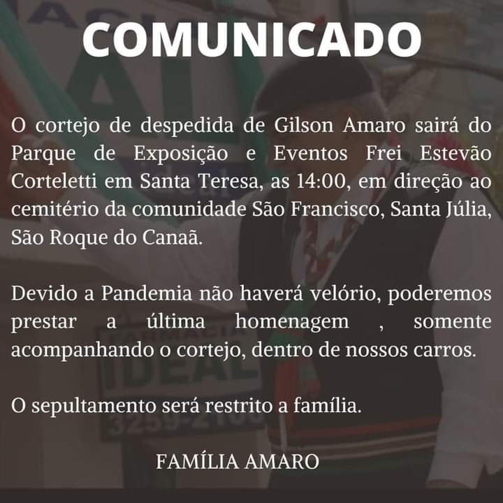 Convite da família para o cortejo do ex-prefeito de Santa Teresa, Gilson Amaro. Foto: Reprodução