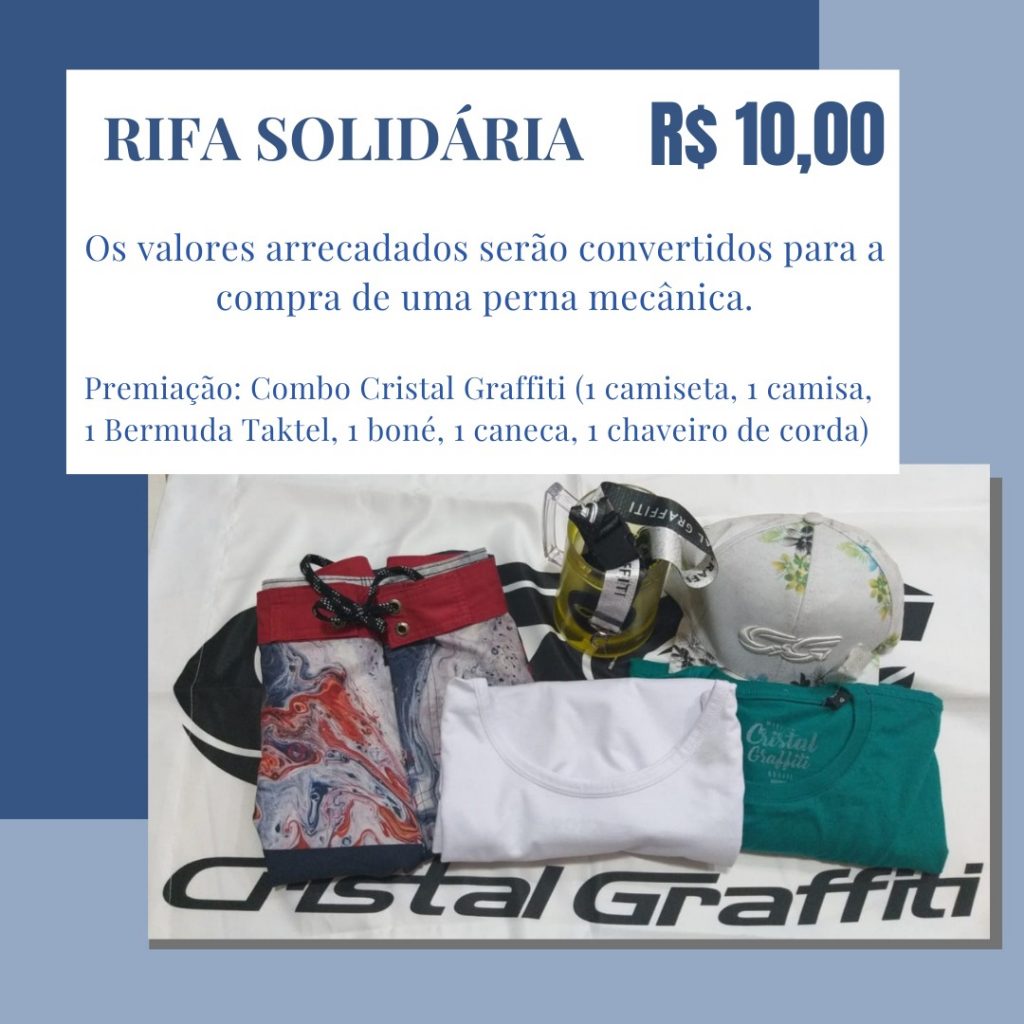 Brindes doados pela Cristal Graffiti para a rifa da prótese de Dimas. Foto: Reprodução