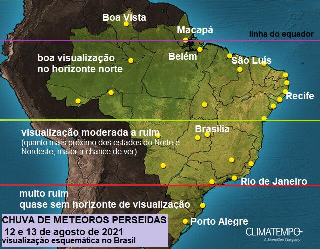 Chuva de meteoros Perseidas: visualização esquemática no Brasil em 12 e 13 de agosto de 2021. Foto: Reprodução/Climatempo