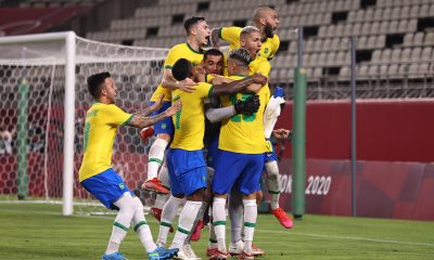 Jogadores da seleção brasileira comemoram vitória nos pênaltis. Foto: Twitter/Jogos Olímpicos