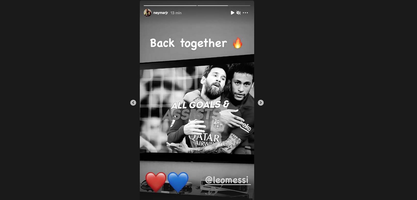 Neymar dá boas-vindas a Messi em seu Instagram: 'Juntos novamente'. Foto: Instagram/@neymarjr