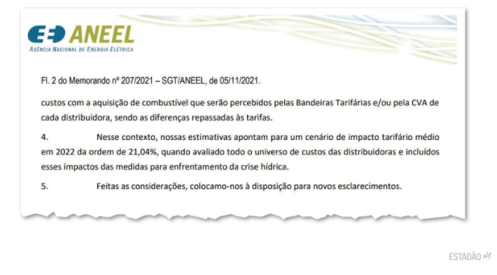Documento interno da Aneel aponta que a estimativa é de alta de 21,04% na tarifa residencial em 2022. Foto: Reprodução/Estadão