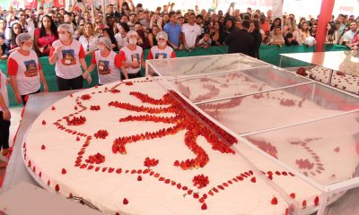 Torta gigante, de 300 quilos, será a atração principal da Festa do Morango 2023. Foto: Divulgação