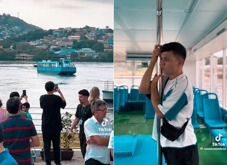 O influenciador Renan Mendes fez um vídeo para a rede social TikTok relatando suas primeiras impressões do sistema aquaviário. Foto: Reprodução/TikTok