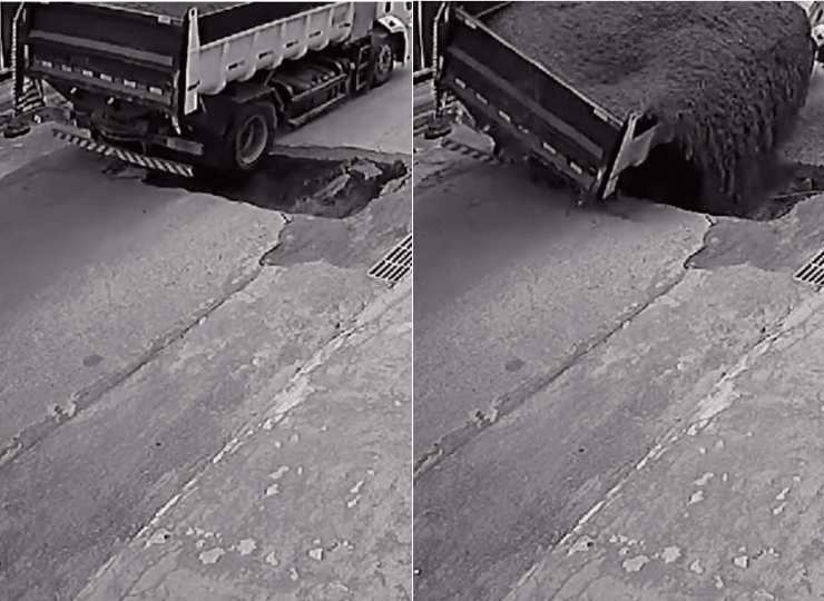 A imagem mostra cenas do vídeo onde o caminhão quase cai em um buraco