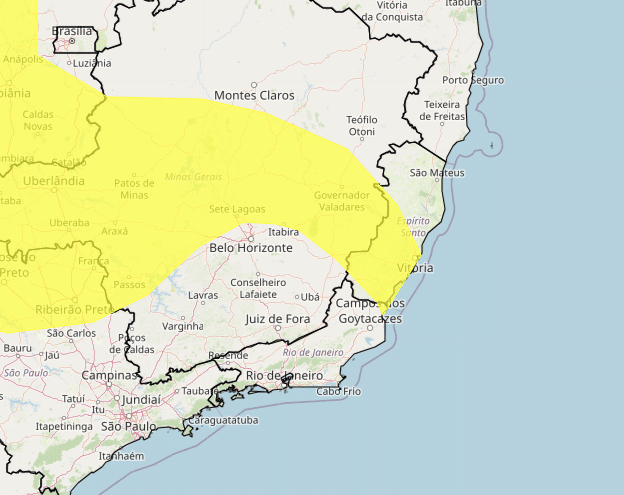 Mapa do Espírito Santo com alerta de chuva em amarelo sobre algumas cidades