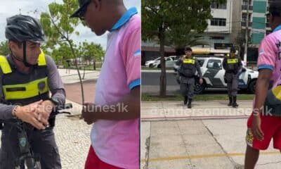 Policiais militares abordam Anderson Nunes na orla de Camburi e conduzem ele para a delegacia.