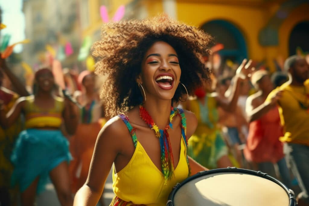 Mulher com fantasia de carnaval e um tambor em um bloco de rua