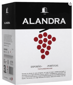 Vinho português Alandra, vendido em caixa de três litros