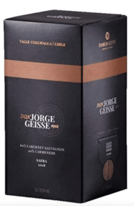 O vinho tinto chileno Jorge Geisse, vendido em caixa de três litros.
