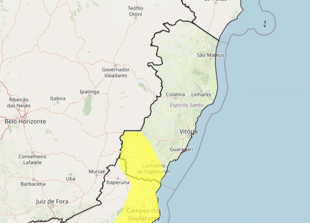 Mapa do estado e alerta de chuva para 24 municípios do Espírito Santo