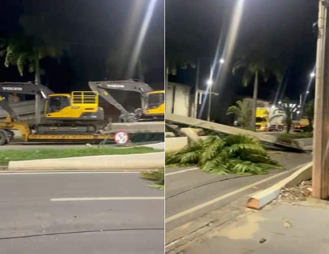 Carreta transportando duas escavadeiras derruba passarela na BR-101 em Linhares
