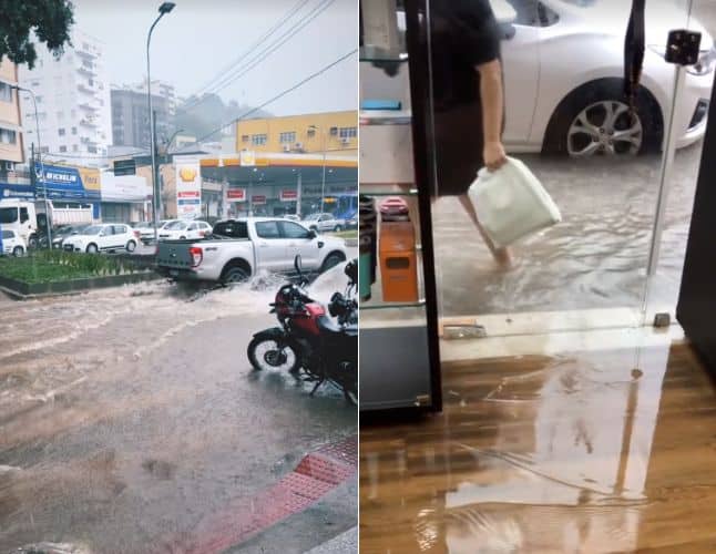 A primeira foto mostra a avenida Getúlio Vargas, em Colatina, alagada. Na segunda foto mostra a água da rua entrando em uma loja de celulares