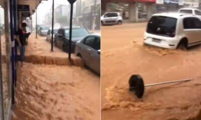 Chuva forte provoca correnteza no Centro de São Gabriel da Palha