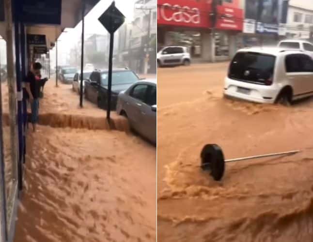 Chuva forte provoca correnteza no Centro de São Gabriel da Palha