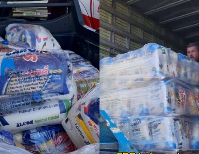 Doações que chegam em Mimoso do Sul. Pacotes e fardos de alimentos para as vítimas das chuvas