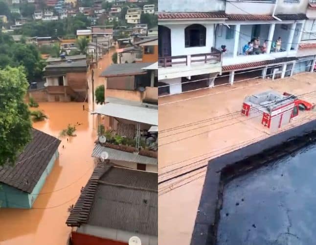 Na primeira foto, mostra que fortes chuvas alagam ruas do bairro Funil, em Mimoso do Sul. Na segunda é possível ver o caminhão do Corpo de Bombeiros sendo levado pela correnteza