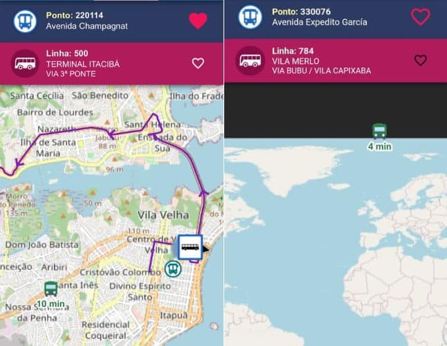 Aplicativo do ÔnibusGV mostra o mata com o ônibus onde está e qual o trajeto