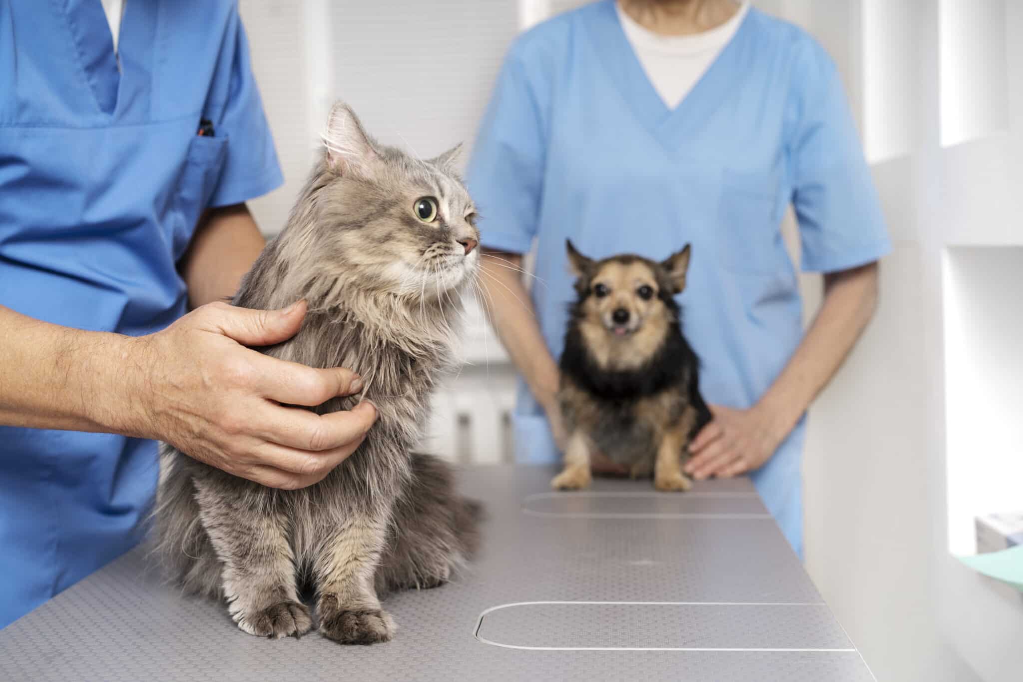 Gato e um cachorro sendo cuidados por dois veterinários usando jaleco