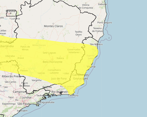 Mapa do Brasil mostrando os municípios do Espírito Santo em alerta para chuva intensa