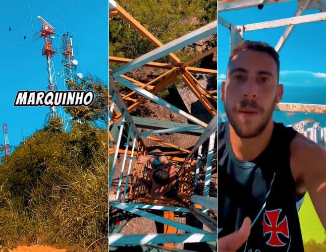 Professor de educação física sobre em antena do Morro do Moreno, em Vila Velha