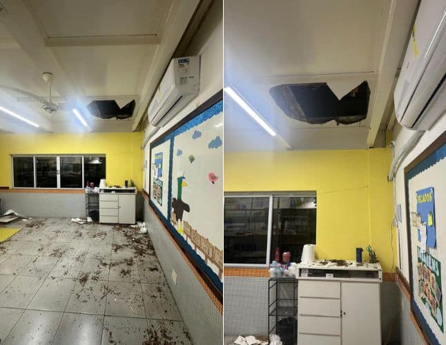 Foto mostra buraco em que caiu professora do segundo andar na sala de aula da escola Primeiro Mundo, em Vitória