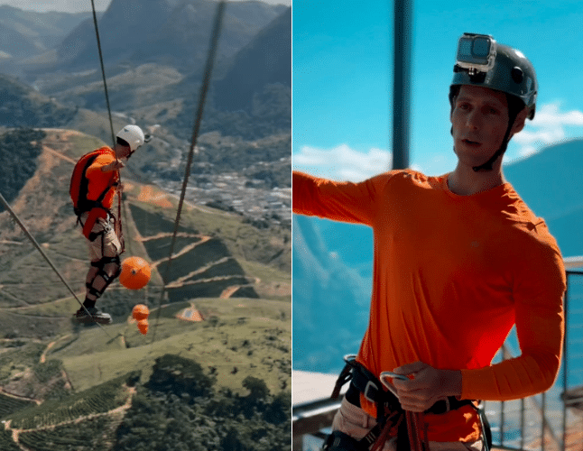 Na primeira foto, Caio Afeto sobre no cabo de aço da tirolesa para saltar de base jump; na segunda foto ele está com os equipamentos de proteção posando pra foto