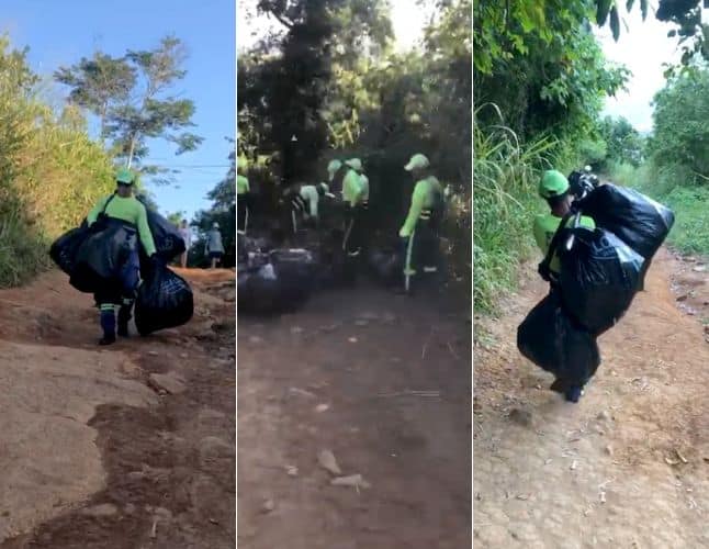 Garis sobem e descem a pé, recolhendo lixo no Morro do Moreno, em Vila Velha