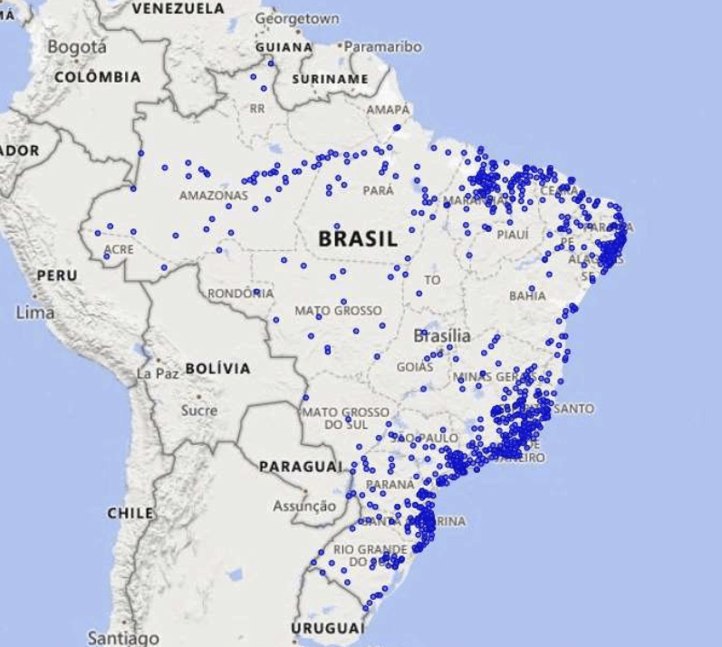 Mapa de municípios com riscos de desastres climáticos no Brasil