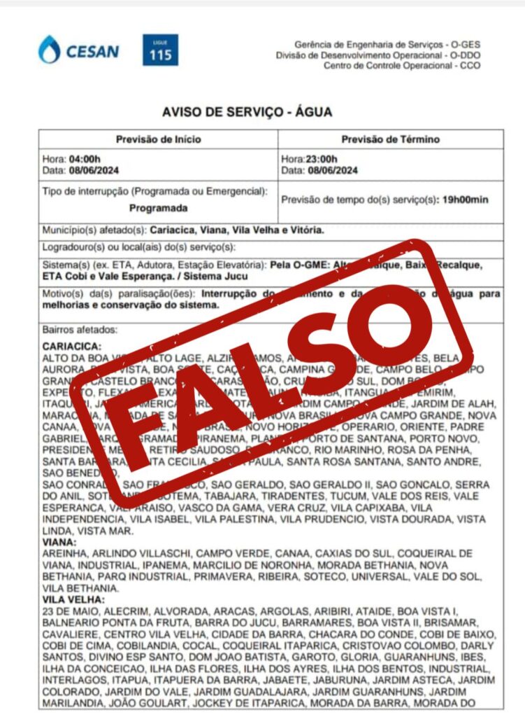 Documento da Cesan com interrupção no abastecimento de água circula em grupos de WhatsApp