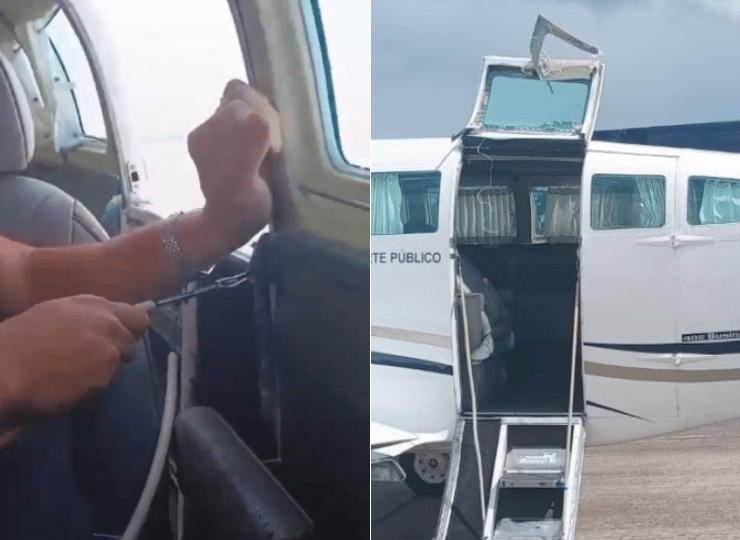 Porta do avião ficou retorcida após incidente. Foto: Reprodução