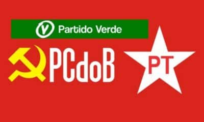 Logos dos três partidos que compõem a Federação Brasil da Esperança: PV, PCdoB e PT