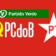 Logos dos três partidos que compõem a Federação Brasil da Esperança: PV, PCdoB e PT