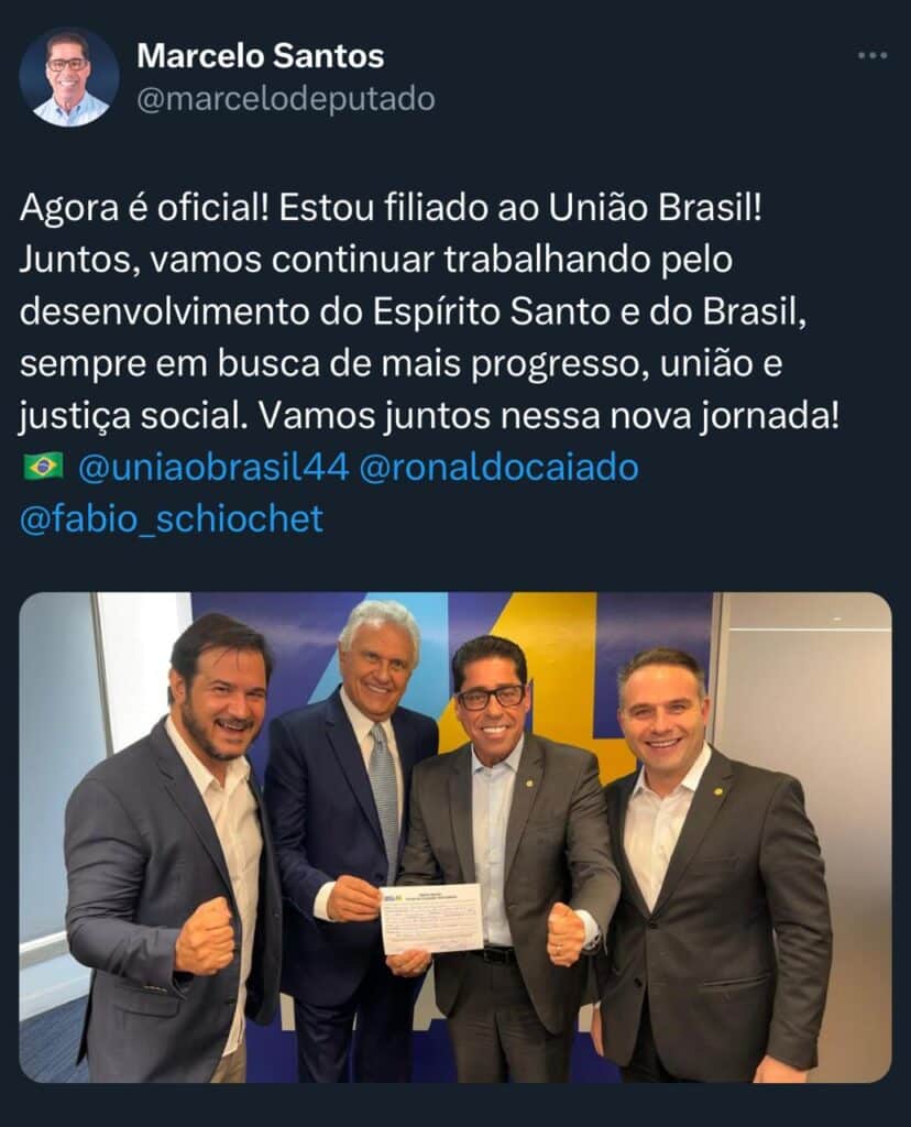 Post de Marcelo Santos anunciando sua filiação ao União Brasil. Foto: Reprodução do X