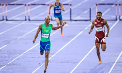 Na final dos 400m com barreiras, o brasileiro Alison dos Santos, o Piu, ganhou a medalha de bronze. Foto: Wander Roberto/COB