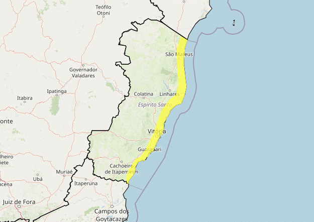 Mapa do Espírito Santo com alerta amarelo de ventos costeiros