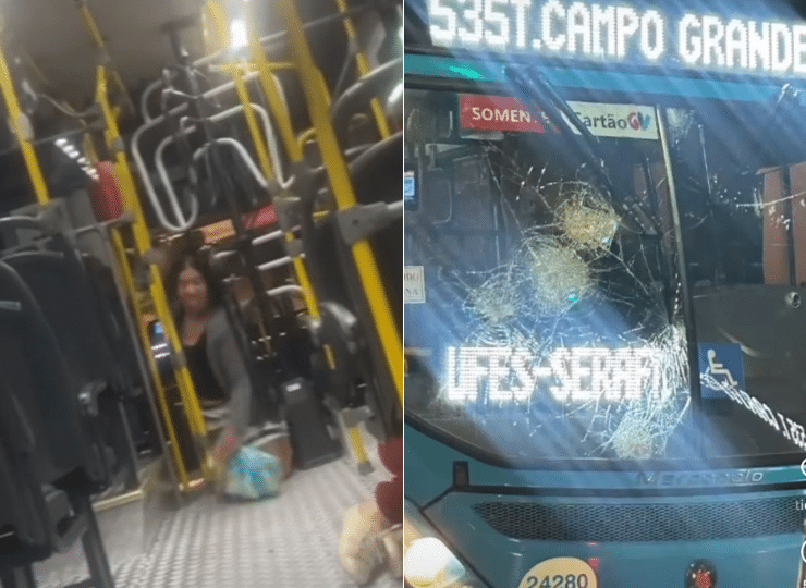 Ônibus é apedrejado e passageiros deitam no chão, em Vitória