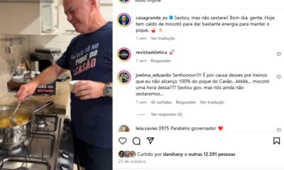 Casagrande fez post preparando um caldo de mocotó para tomar no café da manhã