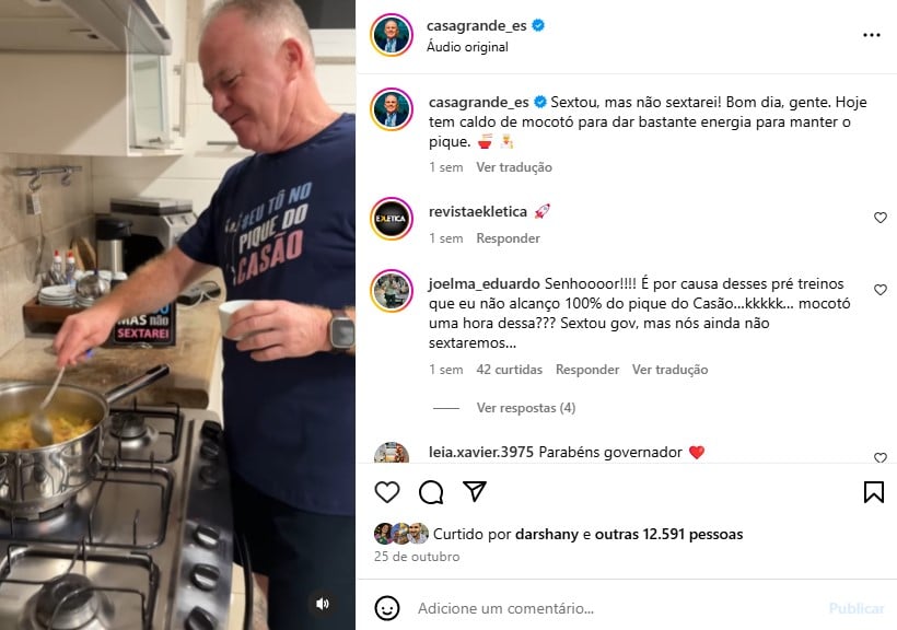 Casagrande fez post preparando um caldo de mocotó para tomar no café da manhã