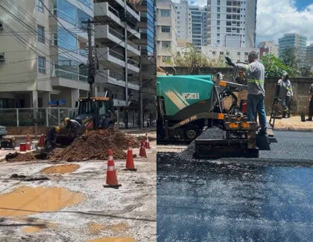 Obras asfálticas na Praia do Morro, em Guarapari