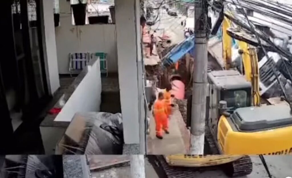 O caminhou tomou dentro do buraco onde acontecia uma obra. Foto: Reprodução (Vila Velha News)